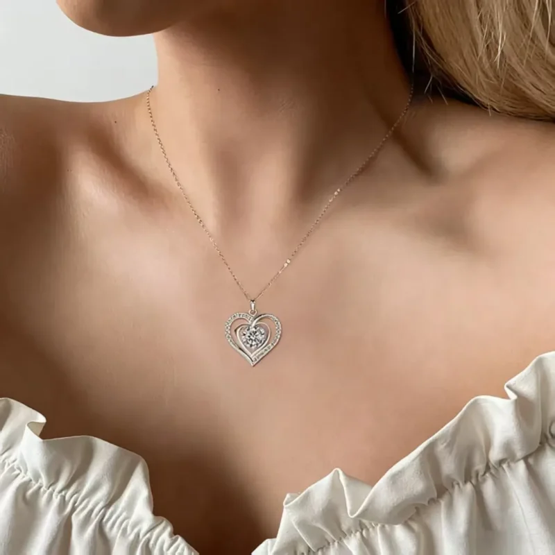 Elegant Double-Layered Heart 1 Carat Moissanite Pendant Necklace Gift