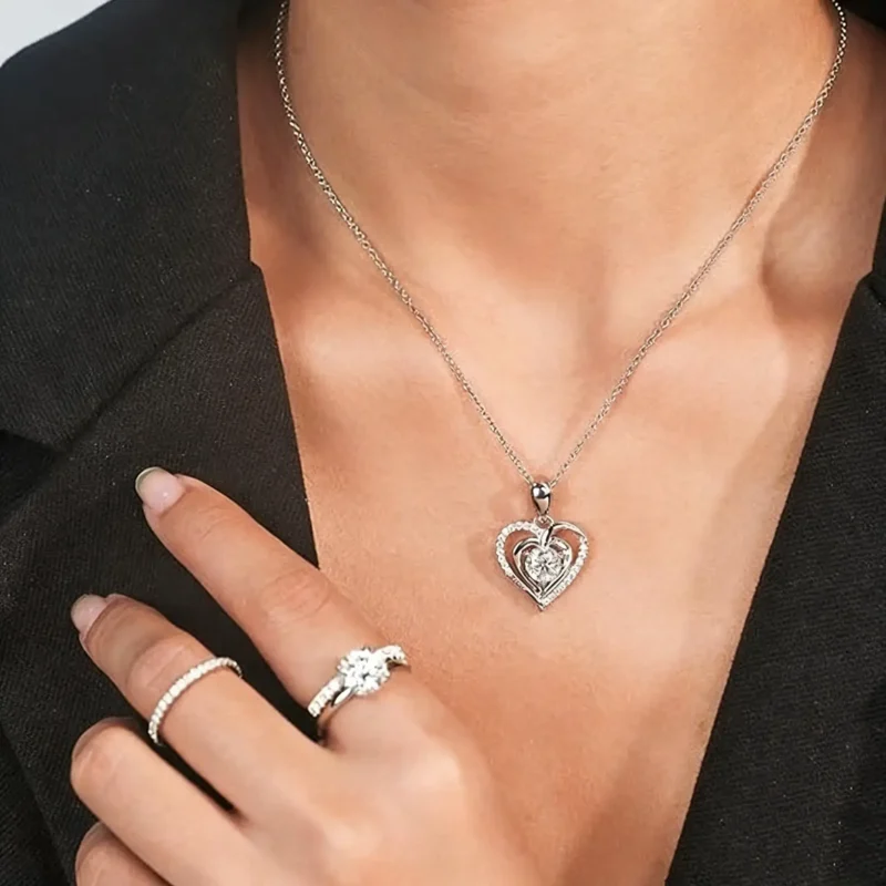 Elegant Double-Layered Heart 1 Carat Moissanite Pendant Necklace Gift