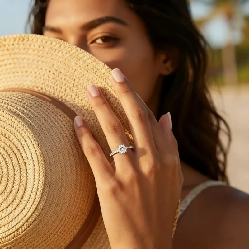 Luxury Half-Pave Setting Round Moissanite Engagement Rings Gift for Her