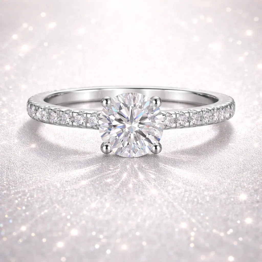 Luxury Half-Pave Setting Round Moissanite Engagement Rings Gift for Her