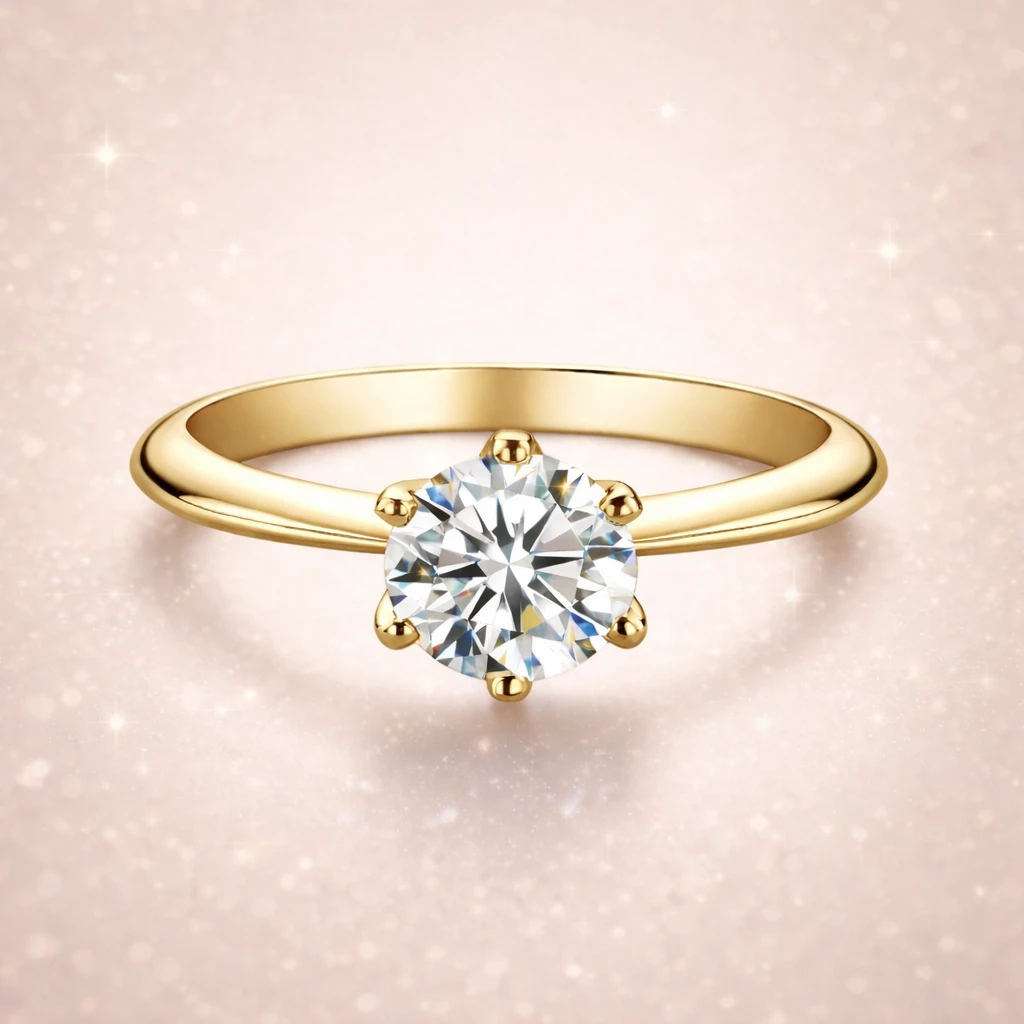 Dazzling Golden 6-Prong Round Moissanite Solitaire Engagement Ring for Her