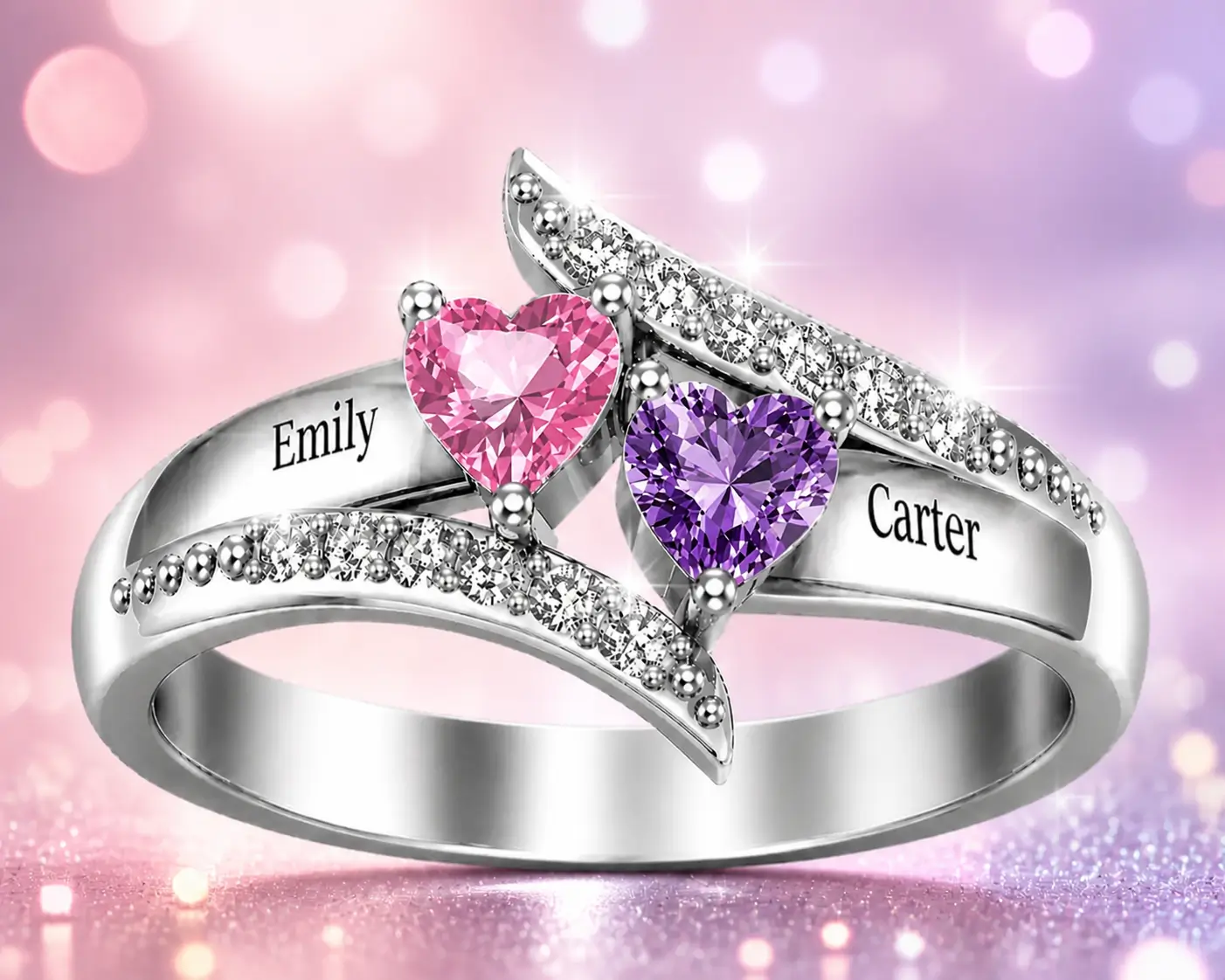 Refined 925 Silver Double Hearts Personalized Engraved Birthstone Rings Gift - Image 5