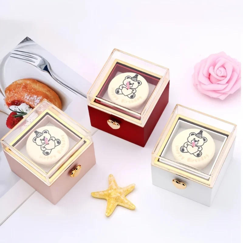 Cute Bear Cake Wishing Candle Flip Surprise Engraved Jewelry Box