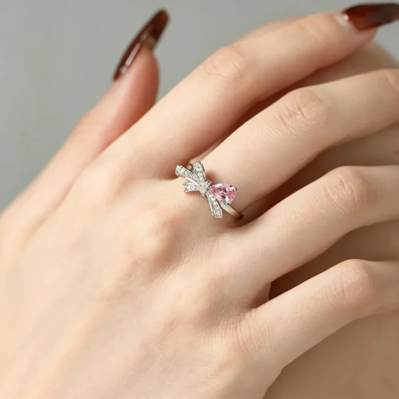 Dainty Pink/Blue Bow Moissanite Rings Pear Shaped Gemstone Bridal Jewelry