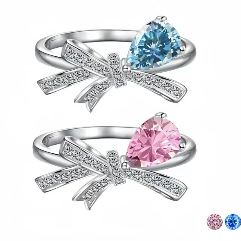 Dainty PinkBlue Bow Moissanite Rings Pear Shaped Gemstone Bridal Jewelry