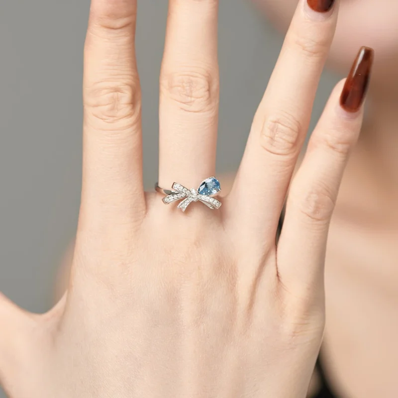 Dainty Pink/Blue Bow Moissanite Rings Pear Shaped Gemstone Bridal Jewelry
