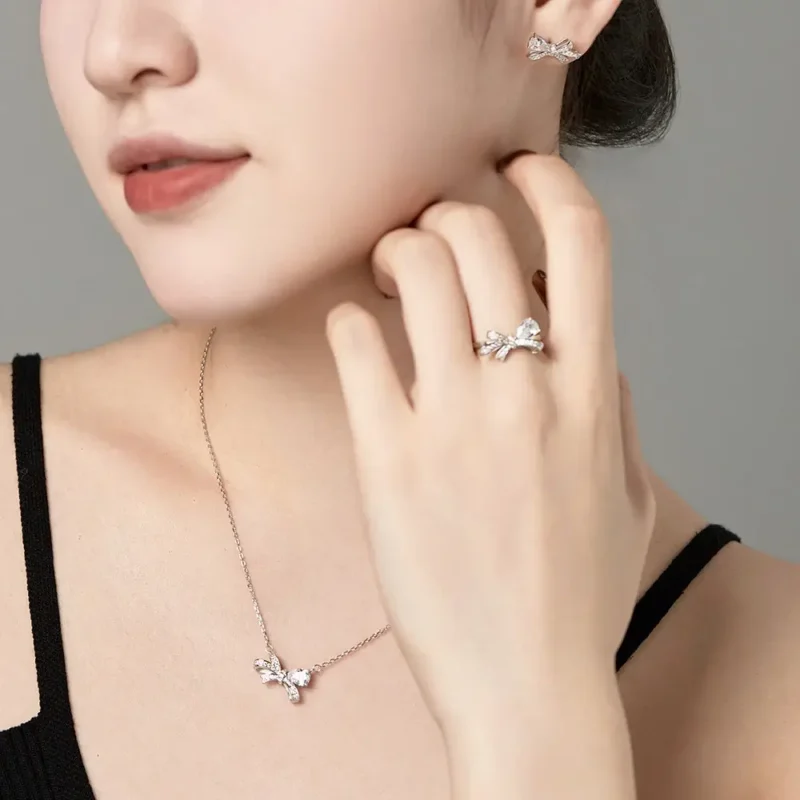 Dainty Pink/Blue Bow Moissanite Rings Pear Shaped Gemstone Bridal Jewelry