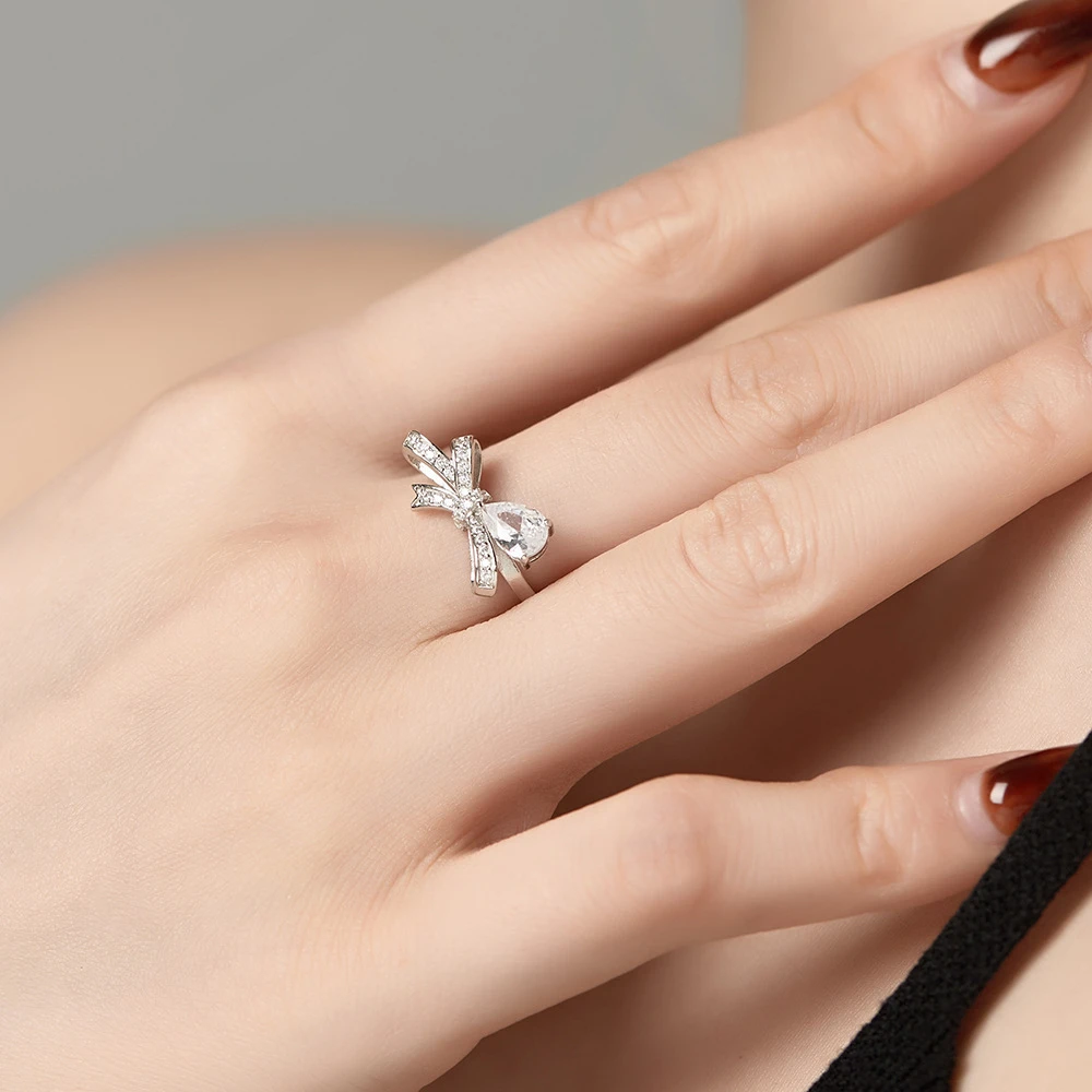 Dainty Pink/Blue Bow Moissanite Rings Pear Shaped Gemstone Bridal Jewelry