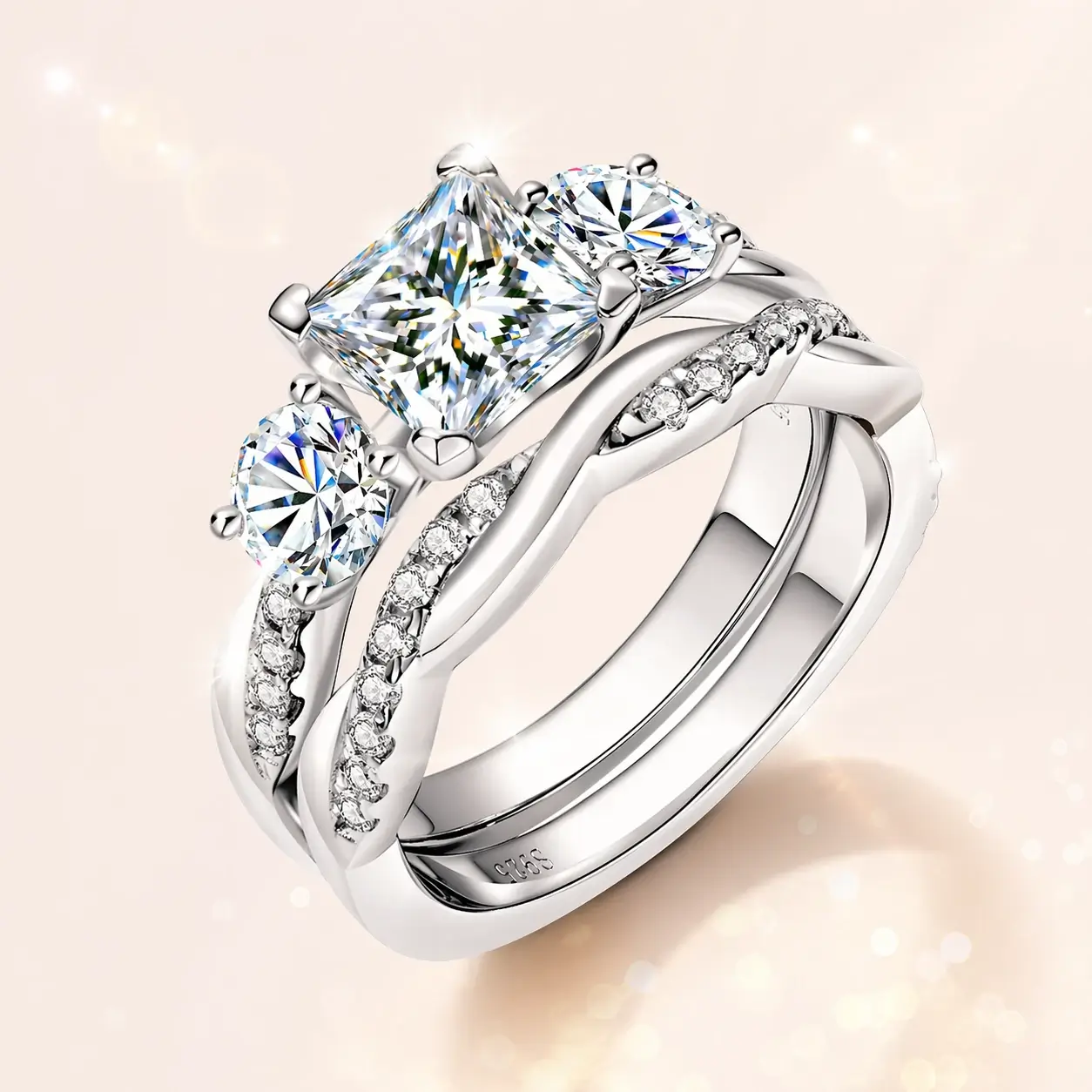 Elegant Princess Shape Moissanite Three Stone Engagement Ring Set Twist Band