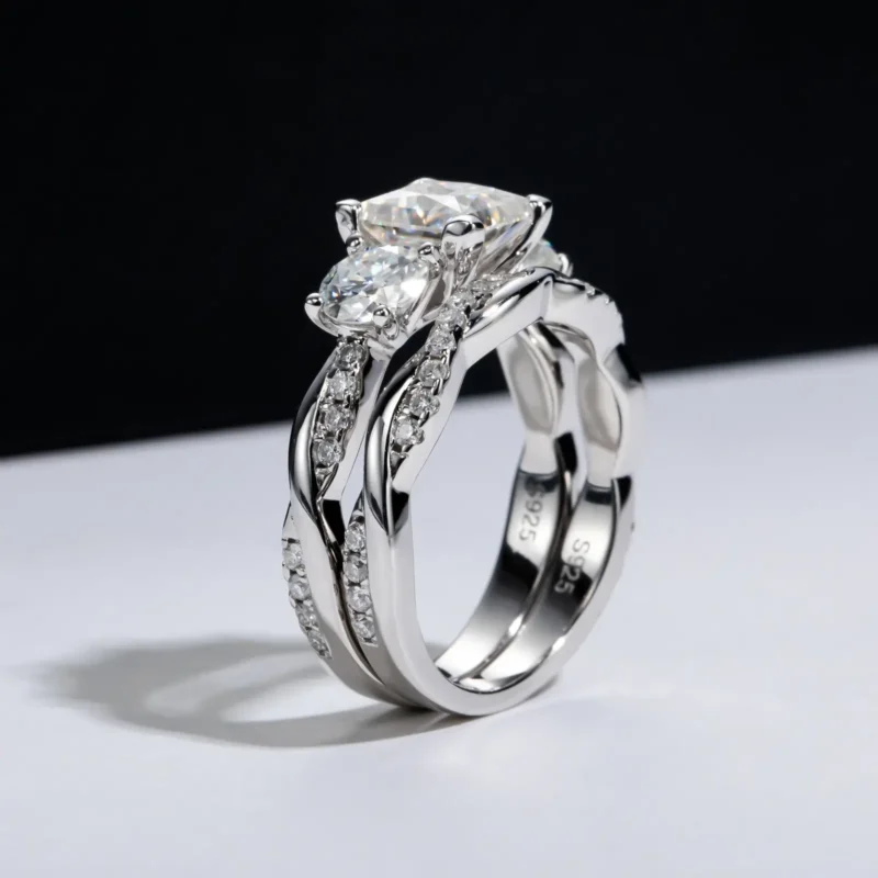 Elegant Princess Shape Moissanite Three Stone Engagement Ring Set Twist Band
