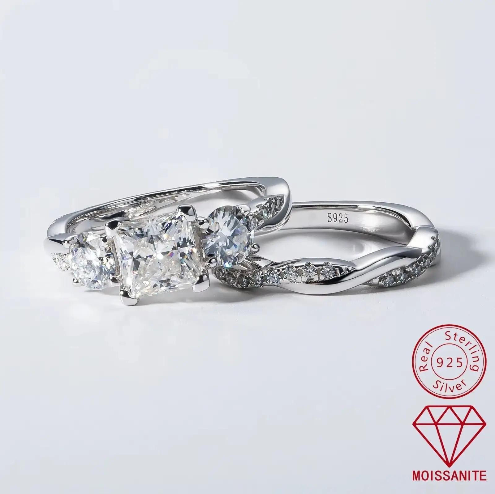 Elegant Princess Shape Moissanite Three Stone Engagement Ring Set Twist Band