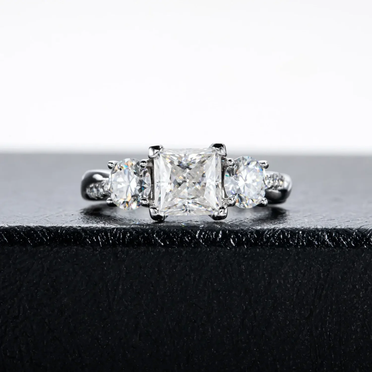 Elegant Princess Shape Moissanite Three Stone Engagement Ring Set Twist Band