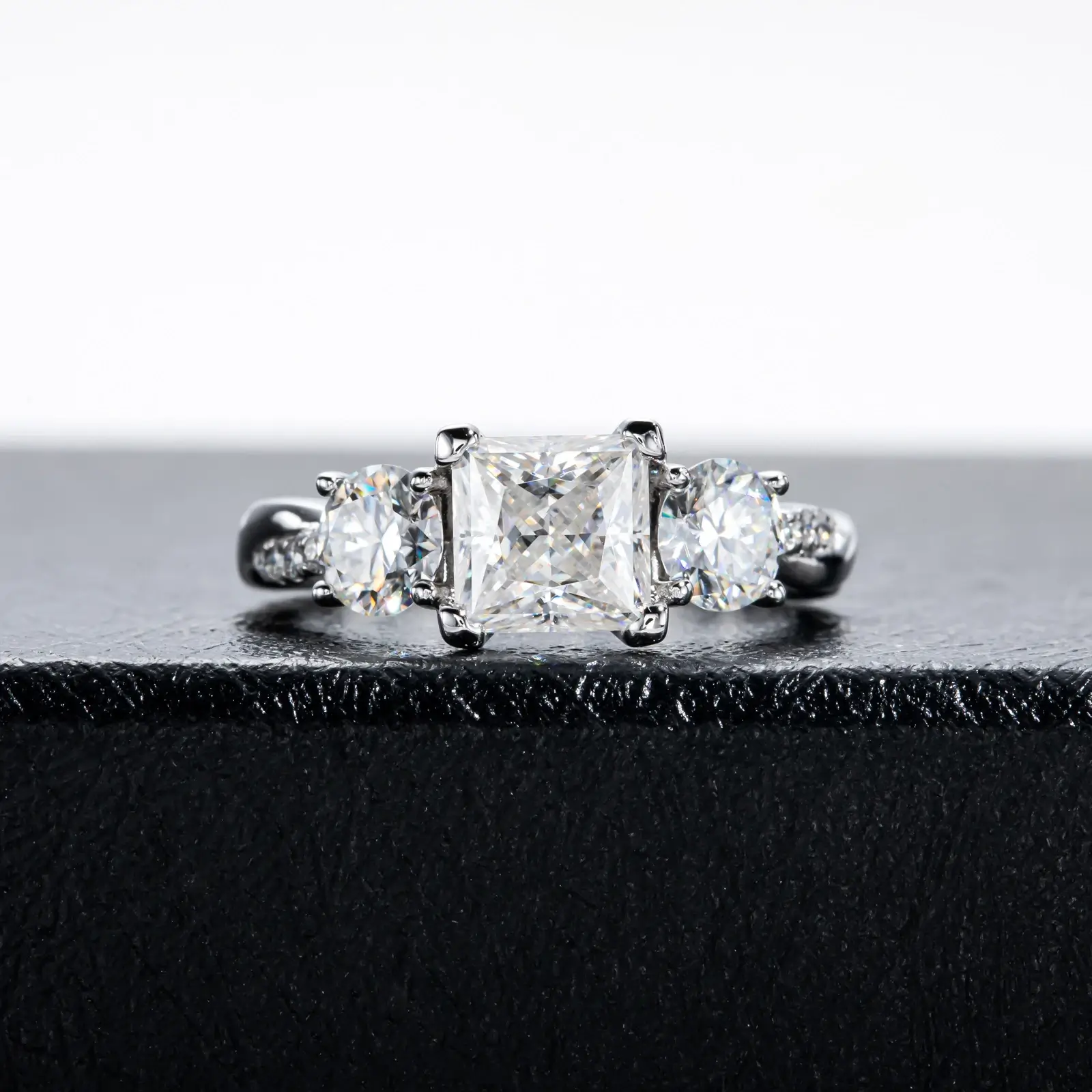 Elegant Princess Shape Moissanite Three Stone Engagement Ring Set Twist Band