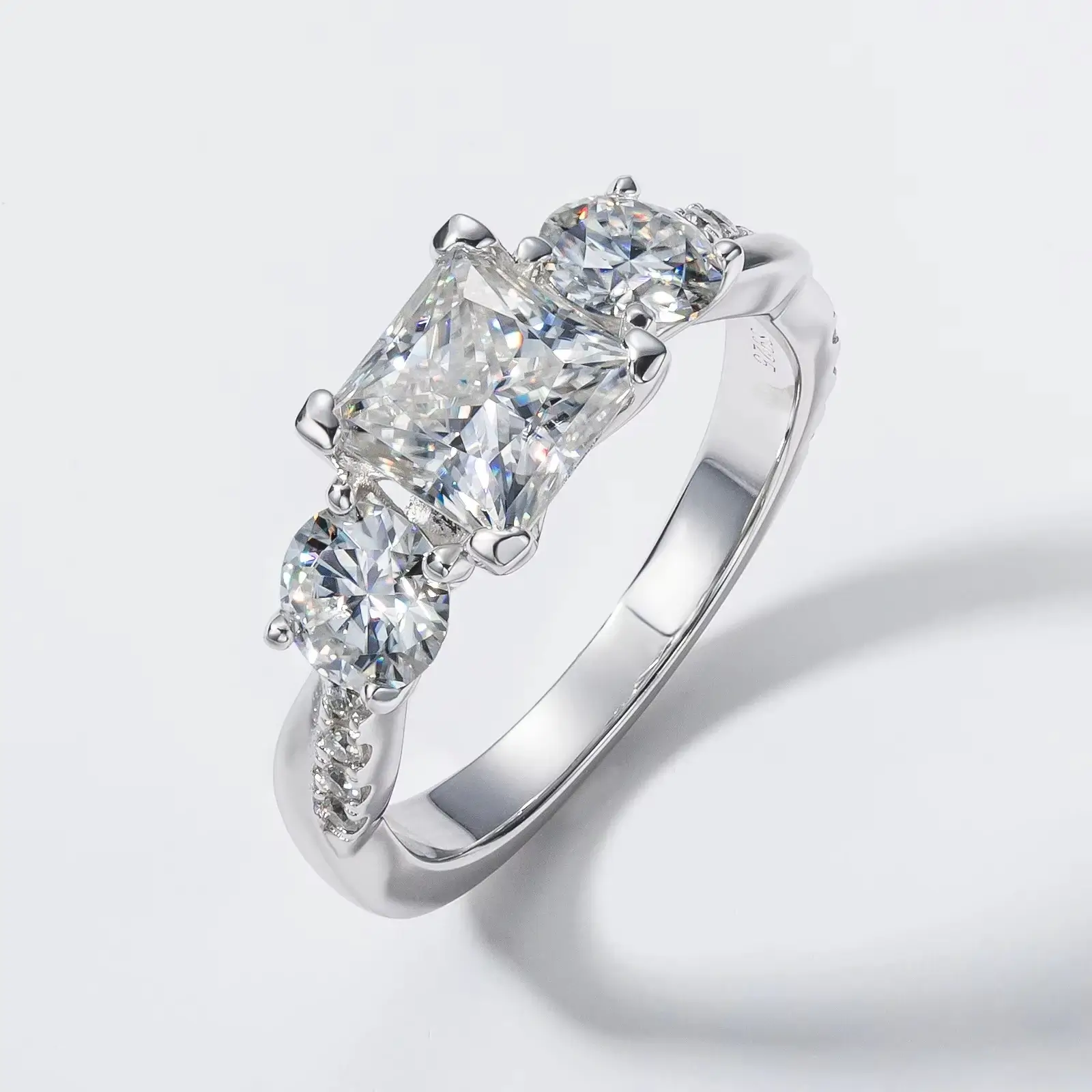 Elegant Princess Shape Moissanite Three Stone Engagement Ring Set Twist Band