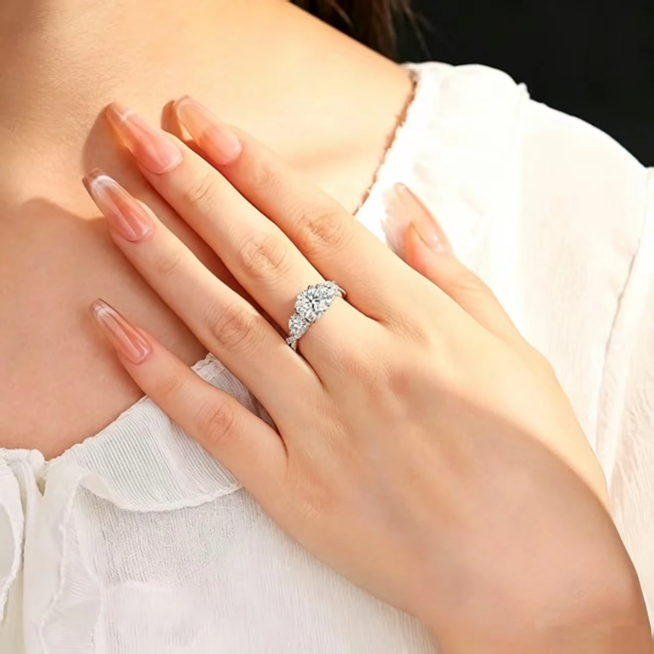Gorgeous Round Cut Three Stone Moissanite Engagement Ring Twist Design