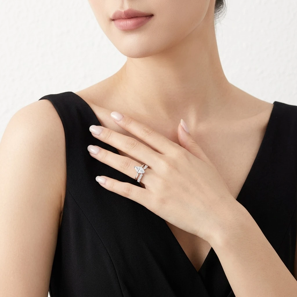 High-End Marquise Bridal Stackable Moissanite Engagement Ring Set