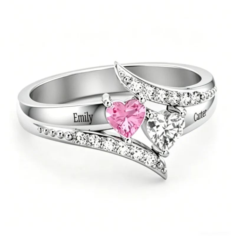 Refined Double Hearts Personalized Engraved Birthstone Rings Gift for Mom Wife