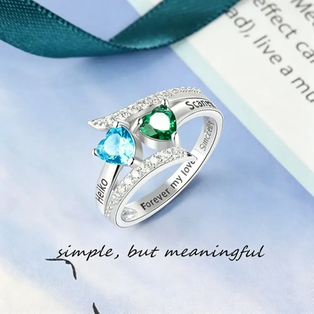 Refined Double Hearts Personalized Engraved Birthstone Rings Gift for Mom Wife