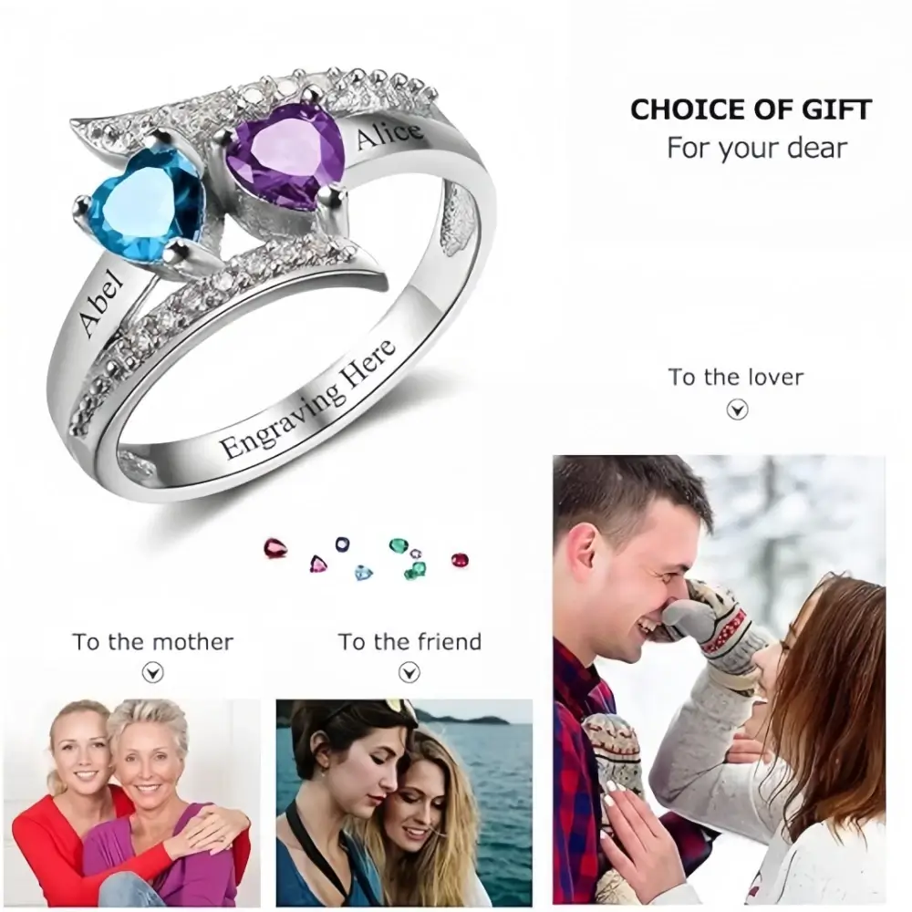 Refined Double Hearts Personalized Engraved Birthstone Rings Gift for Mom Wife
