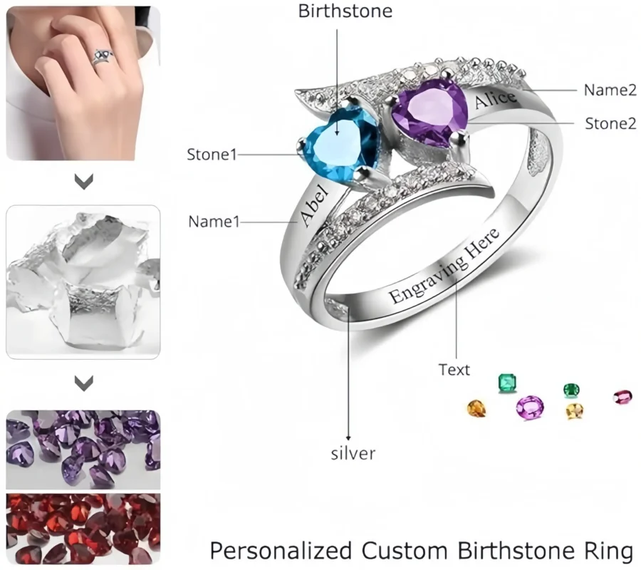Refined Double Hearts Personalized Engraved Birthstone Rings Gift for Mom Wife