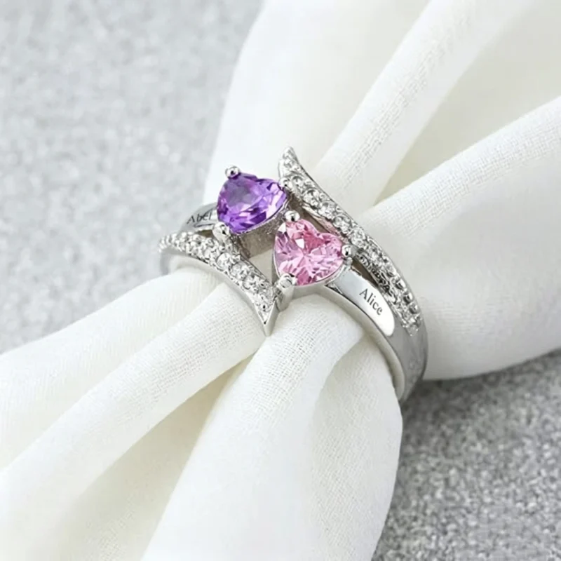 Refined Double Hearts Personalized Engraved Birthstone Rings Gift for Mom Wife