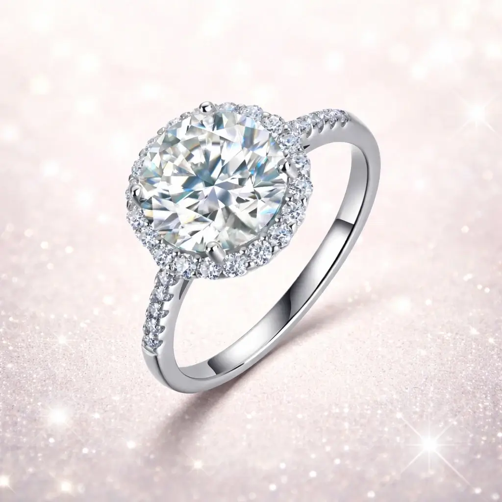 Romantic Round Halo 3 Carat Moissanite Ring Engagement Anniversary Jewelry