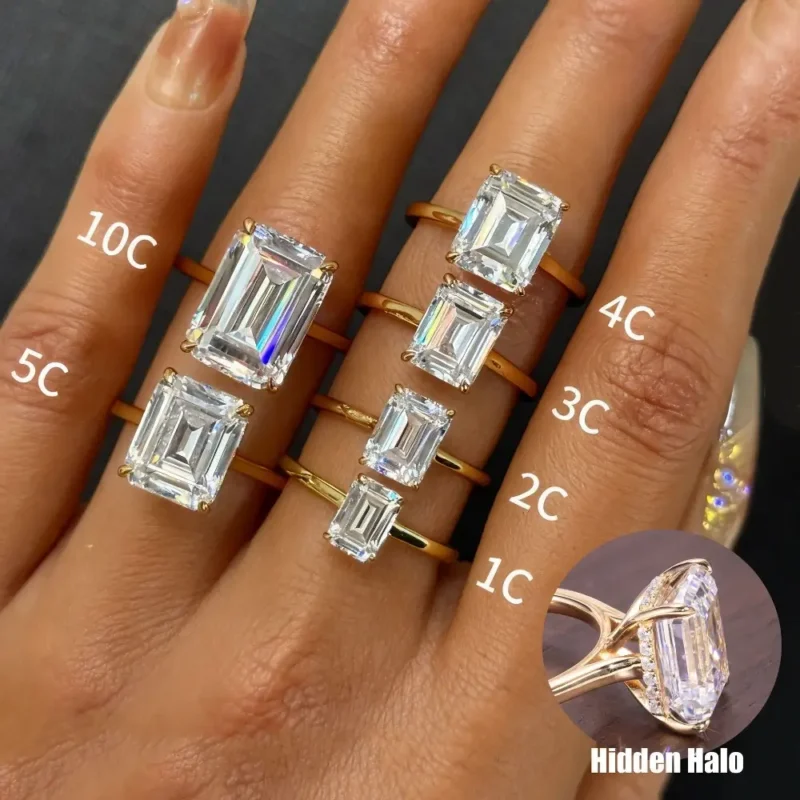 Sparkling Golden 1-10 Carat Sugar Cube Emerald Cut Moissanite Ring