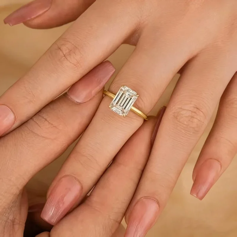 Sparkling Golden 1-10 Carat Sugar Cube Emerald Cut Moissanite Ring