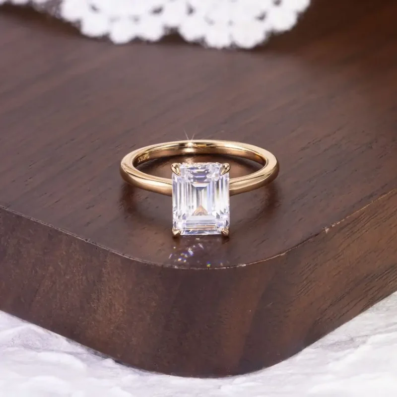 Sparkling Golden 1-10 Carat Sugar Cube Emerald Cut Moissanite Ring