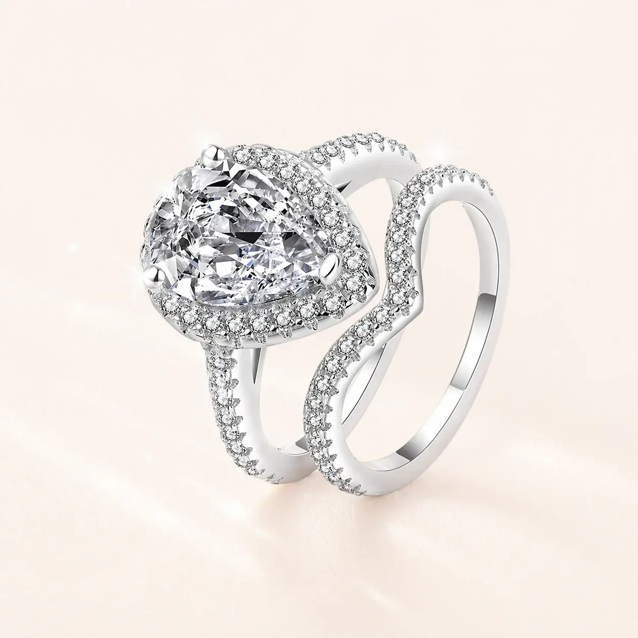 Stackable Pear Shaped Moissanite Ring Half Pave Curved Wedding Band Set