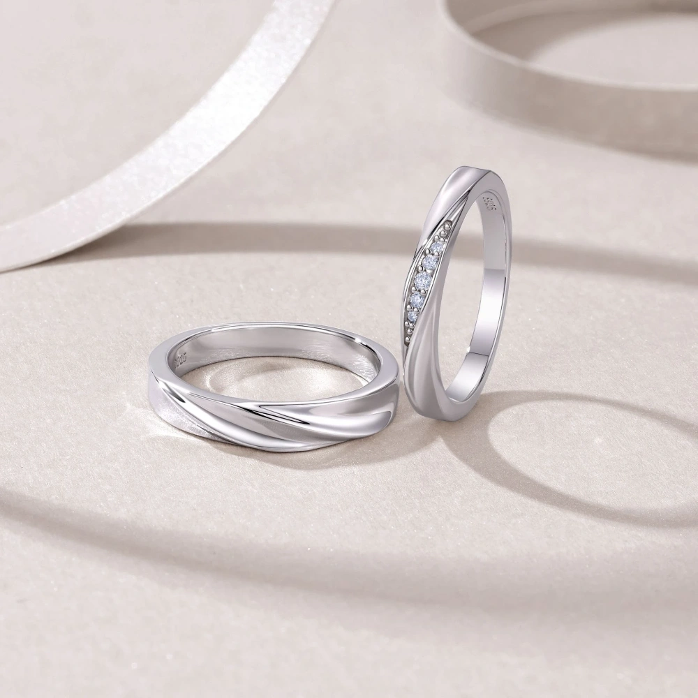 Wave Micro-Pave Moissanite Wedding Bands for Couples Promise Rings