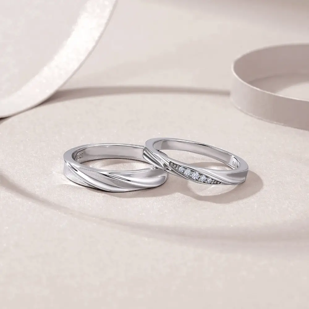 Wave Micro-Pave Moissanite Wedding Bands for Couples Promise Rings